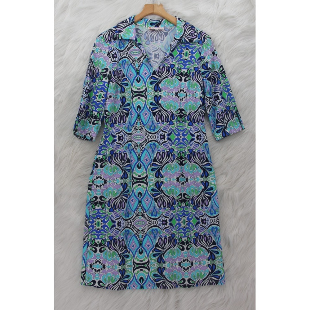 Jude Connally Womens L Lexi Mod Mosaic Blue Dress 70's Retro 3/4 Slv Midi Preppy